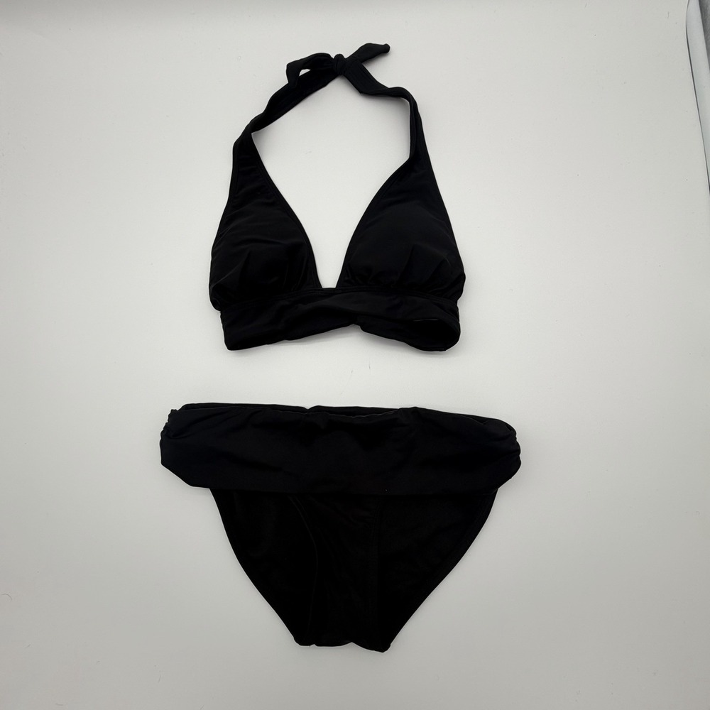 Black Halter Bikini Swimsuit-XS-Halter Plunge Top, Fold Over Bottom-Retro-NEW